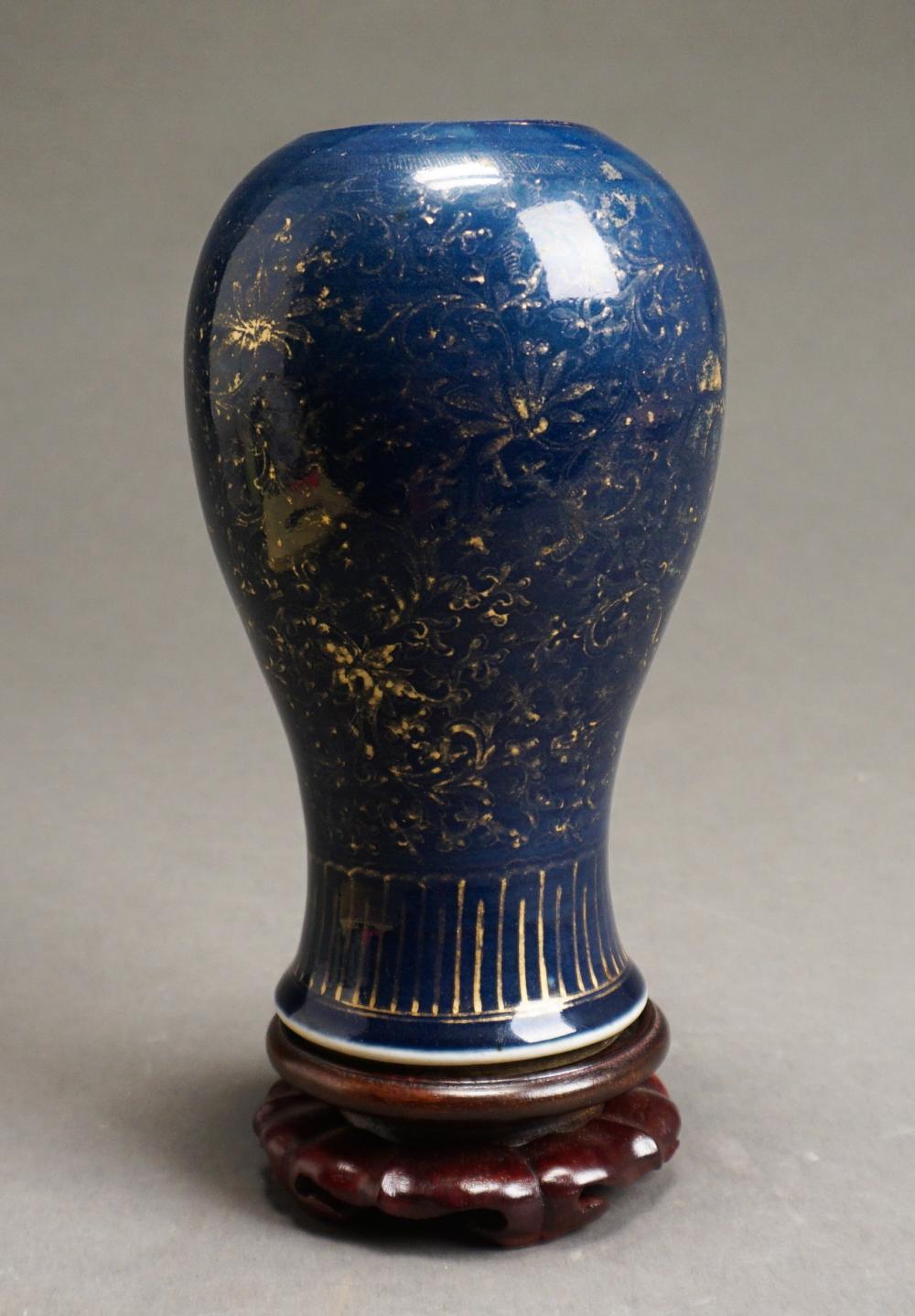 Appraisal: Chinese Blue Ground Porcelain Vase with Hardwood Stand H of