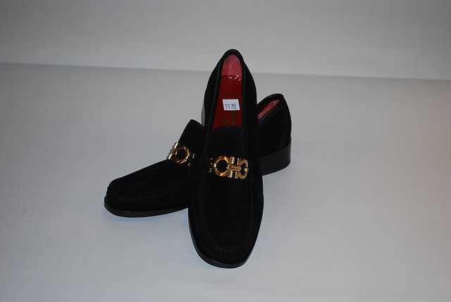 Appraisal: Salvatore Ferragamo black suede loafer with front gold buckle Size