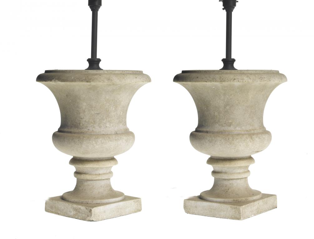 Appraisal: A PAIR OF MARBLE LAMPS the campana vase on square