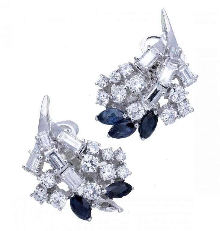 Appraisal: A PAIR OF SAPPHIRE AND DIAMOND EARRINGS designed as a