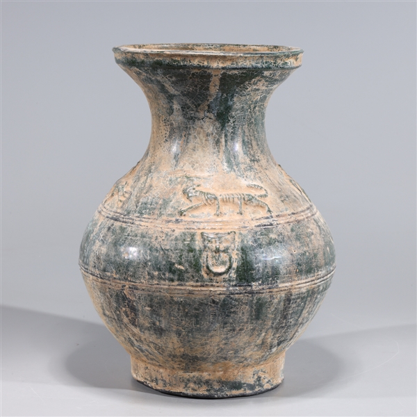 Appraisal: Chinese Early Style green crackle glazed ceramic vase with molded