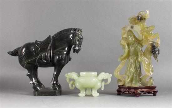 Appraisal: Chinese carved hardstone horse Quan-Yin and censer to in H