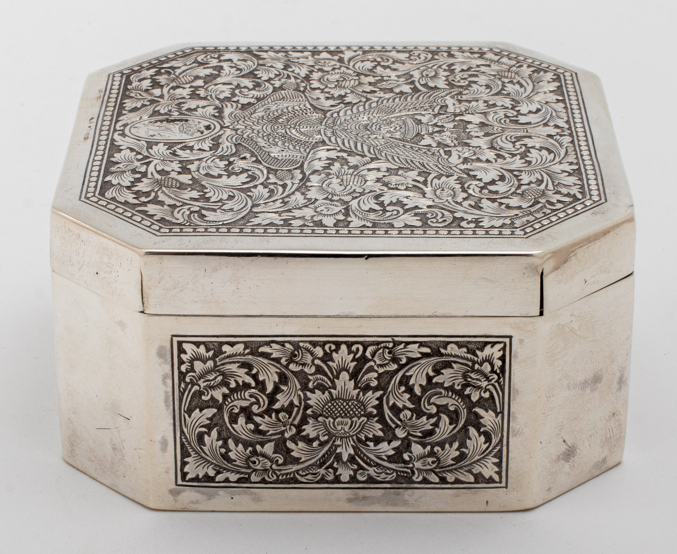 Appraisal: SIAMESE SILVER ENGRAVED BOX TH C Siamese silver engraved box