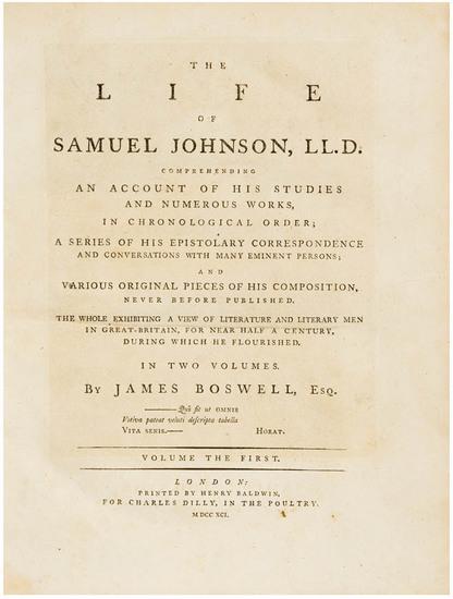 Appraisal: BOSWELL James The Life of Samuel Johnson LL D Comperhending