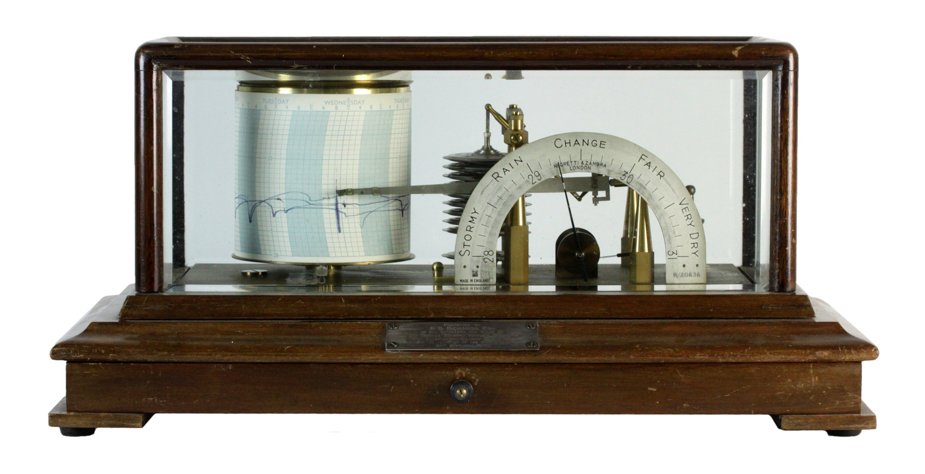 Appraisal: A barograph with silvered dial signed Negretti Zambra in a