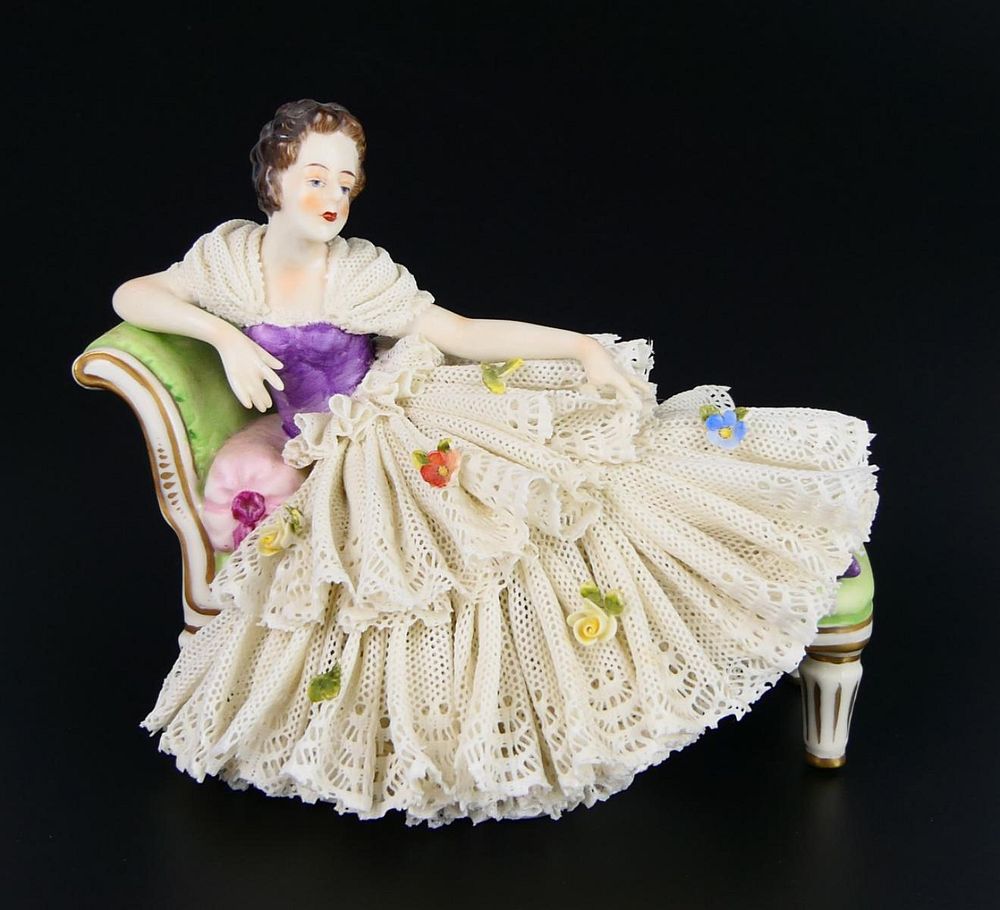 Appraisal: DRESDEN LADY ON THE DIVAN LACE FIGURINE Measures tall X