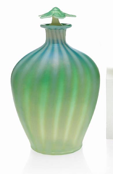 Appraisal: A Steuben Oriental jade iridescent glass decanter with floral stopper