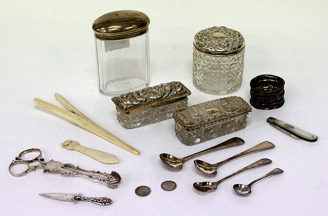 Appraisal: TWO SILVER TOPPED GLASS JARS together with two silver topped