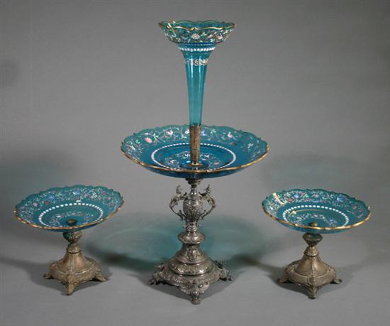 Appraisal: Moser blue glass and enamel epergne centerpiece and two side