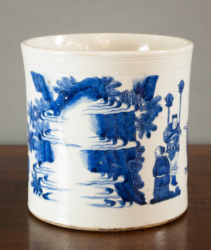 Appraisal: CHINESE PORCELAIN BLUE AND WHITE BRUSH POT hand enameled scene