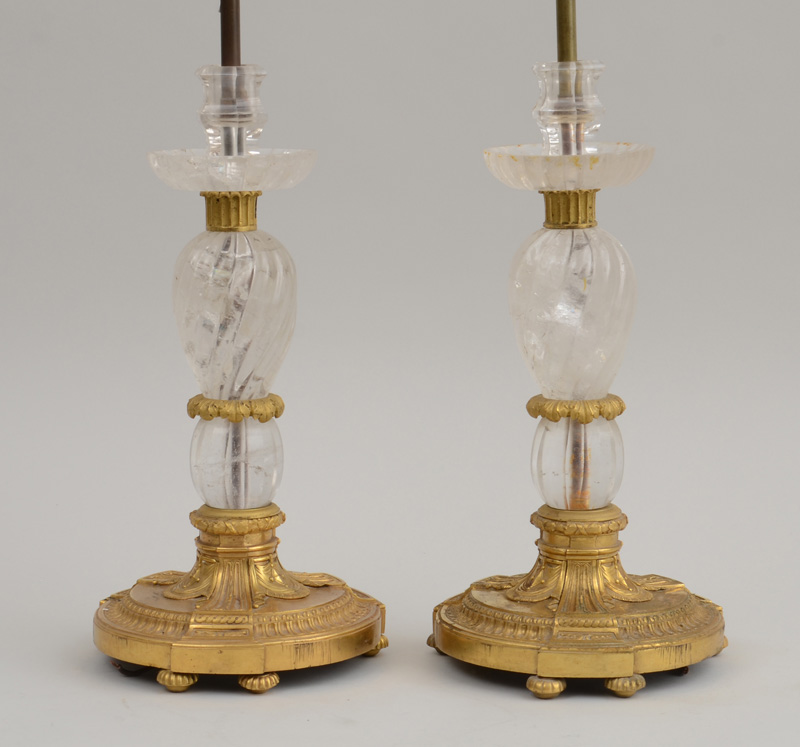 Appraisal: PAIR OF LOUIS XVI STYLE ROCK CRYSTAL AND GILT-BRONZE CANDLESTICK