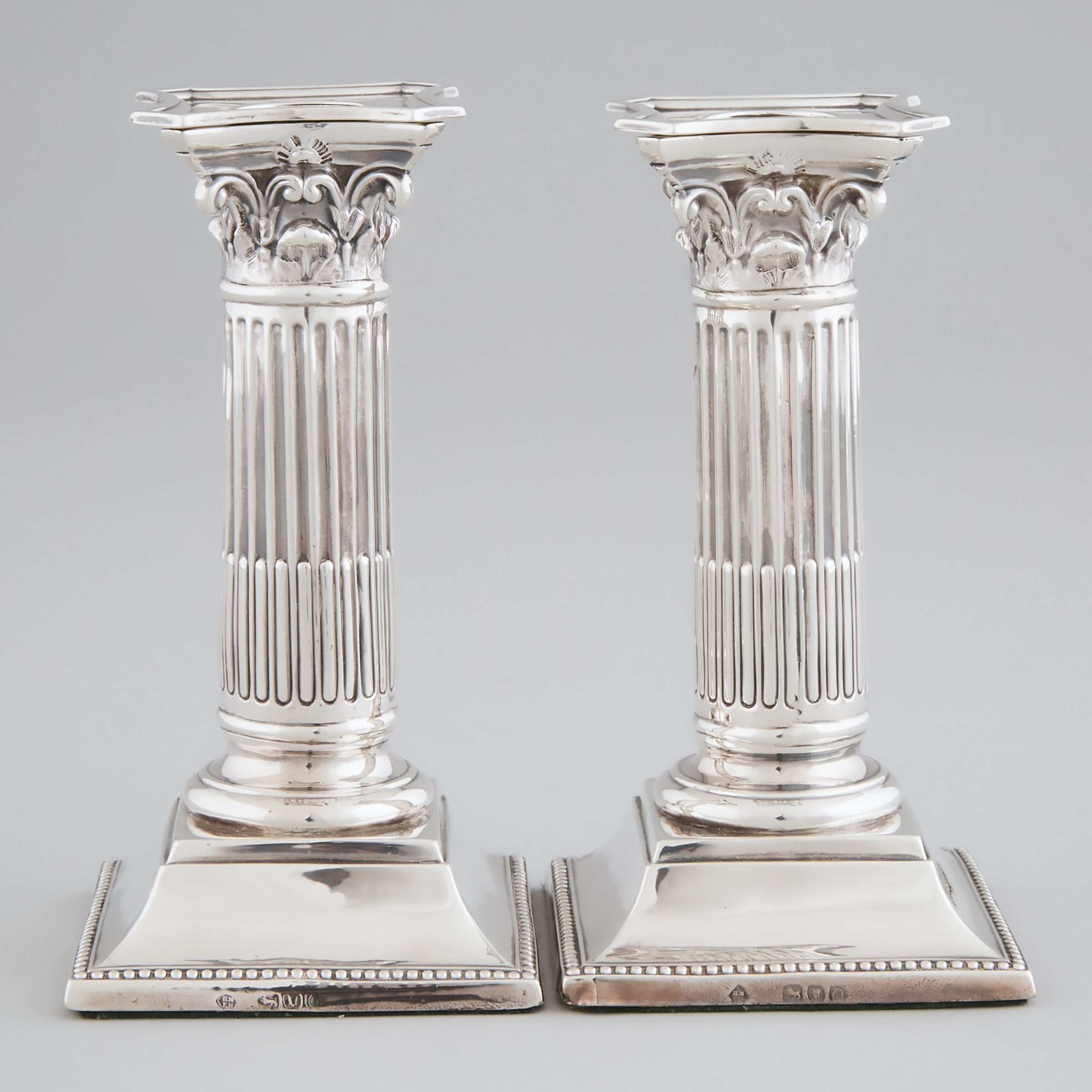 Appraisal: Pair of Victorian Silver Corinthian Columnar Small Candlesticks Richard Martin