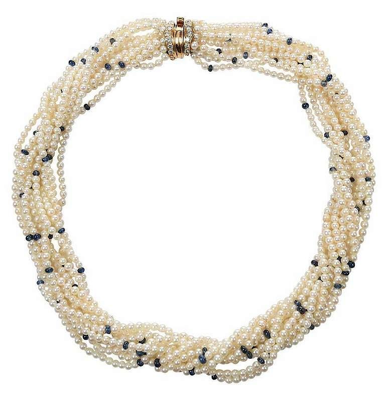 Appraisal: kt Pearl Sapphire Diamond Necklace strands pearls approx to mm