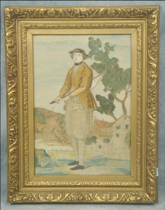 Appraisal: Silk watercolor embroidery of a country gentleman with a riding