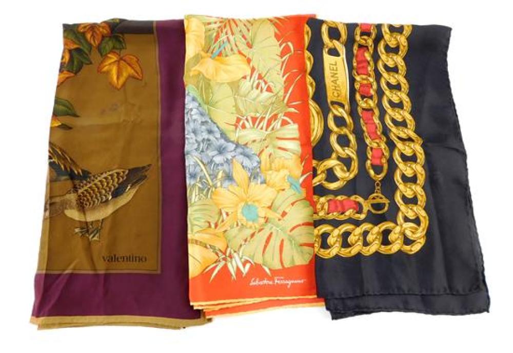 Appraisal: Scarves by Chanel Valentino and Salvatore Ferragamo designs include Chanel