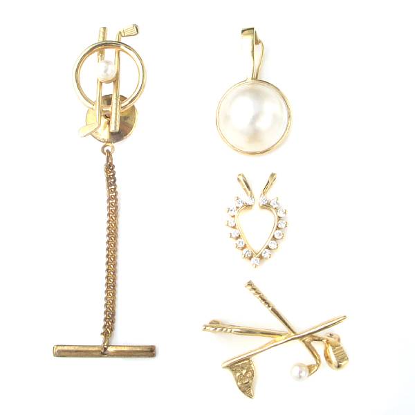 Appraisal: A collection of cultured pearl diamond gem-set and gold pins