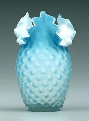 Appraisal: Mother-of-pearl hobnail vase blue satin glass ruffled rim - in