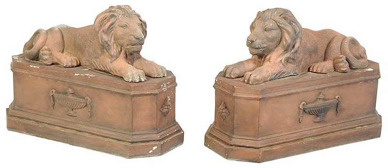 Appraisal: Pair Recumbent Lion Statuary on Plinths th century each cast