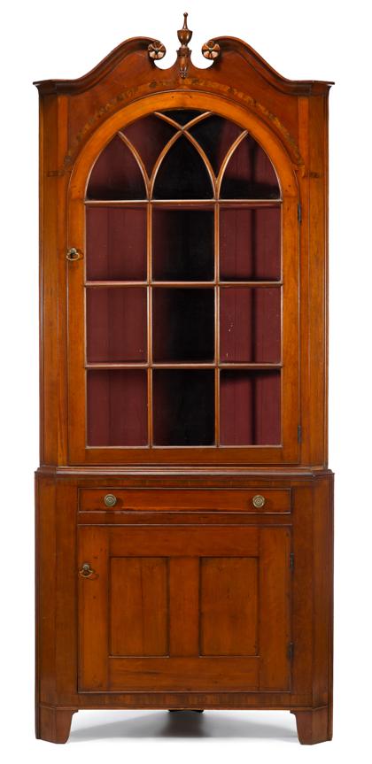 Appraisal: Cherrywood inlaid corner cupboard late th century