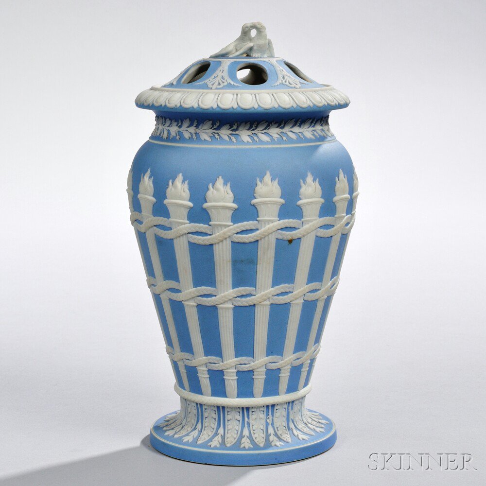 Appraisal: Wedgwood Light Blue Jasper Dip Torches Vase and Cover England