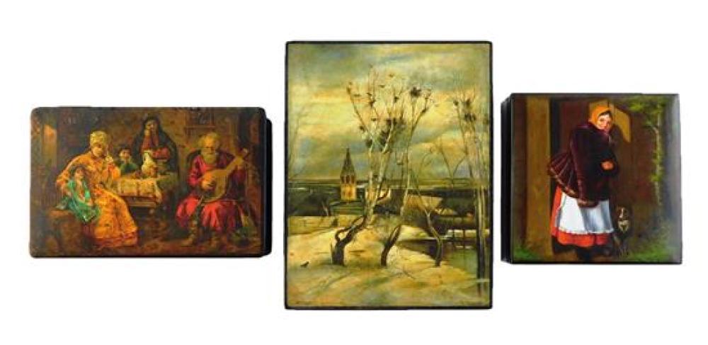 Appraisal: Russian hand-painted lacquer boxes three older pieces including Rooks Returning