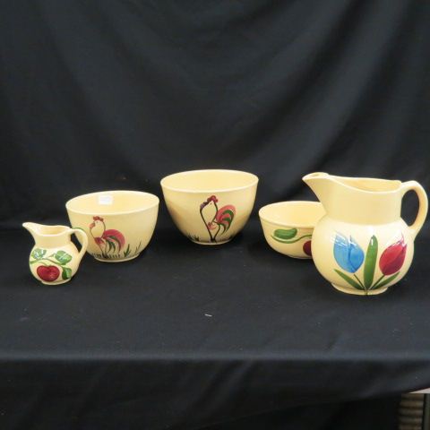 Appraisal: pcs Watt Pottery rooster bowls apple bowl creamer tulip pitcher