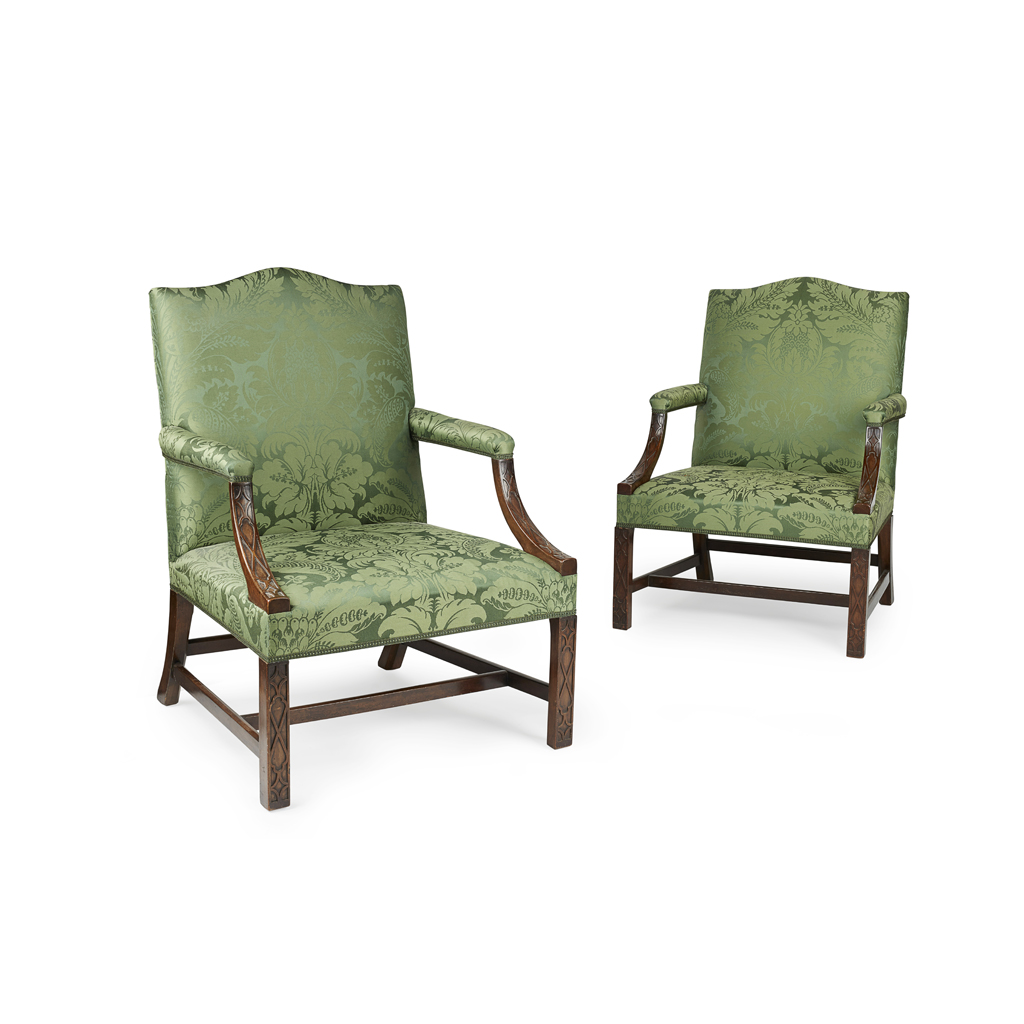 Appraisal: PAIR OF MAHOGANY-FRAMED GAINSBOROUGH ARMCHAIRS TH CENTURY with silk damask