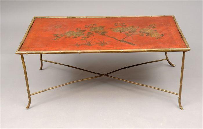 Appraisal: Chinese-Style Red Lacquer and Brass Faux-Bamboo Coffee Table x x