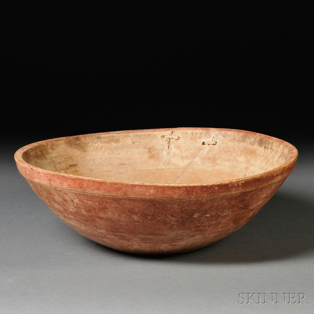 Appraisal: Red-painted Turned Wooden Bowl probably New England early th century