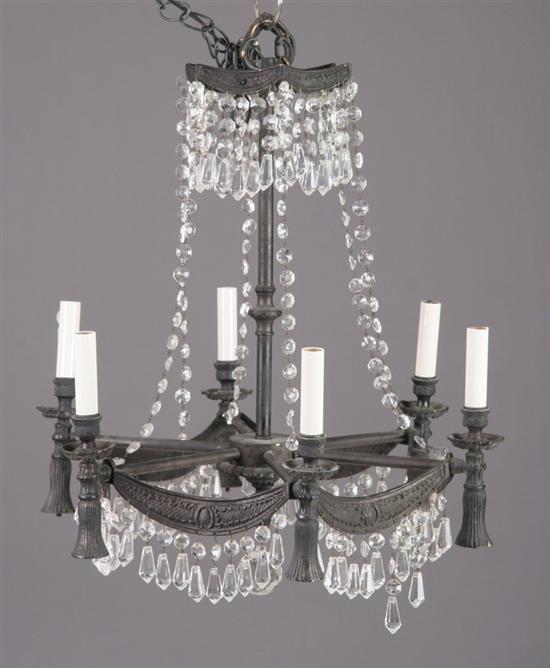 Appraisal: AMERICAN SIX-LIGHT IRON AND CRYSTAL BASKET CHANDELIER Early th century