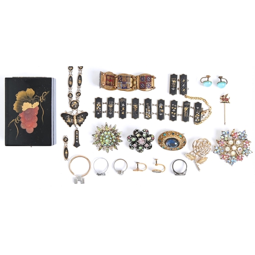 Appraisal: Miscellaneous costume jewellery to include a shakudo and shibuichi panel