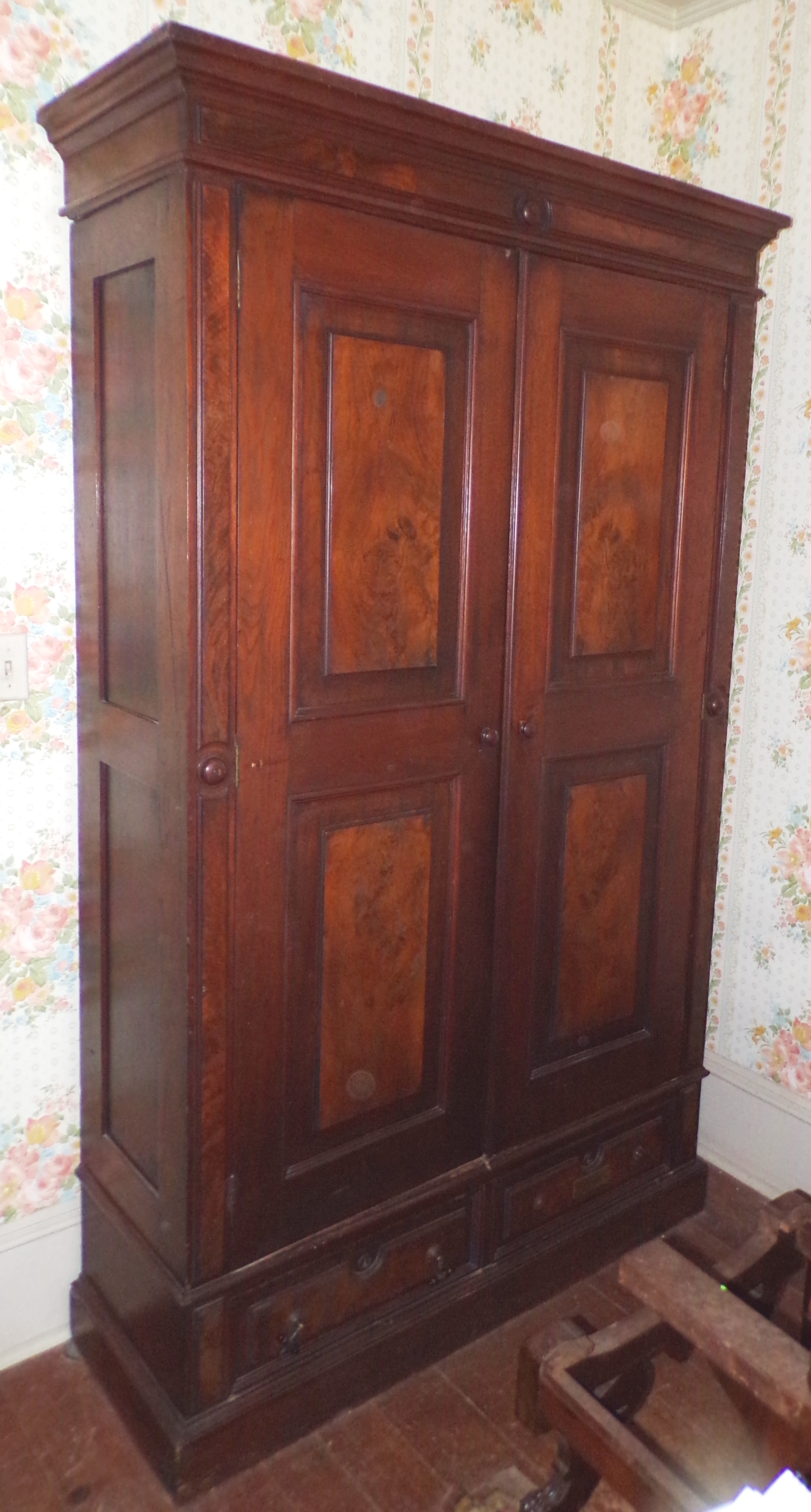 Appraisal: Victorian walnut wardrobe with burled walnut panels hardware has been