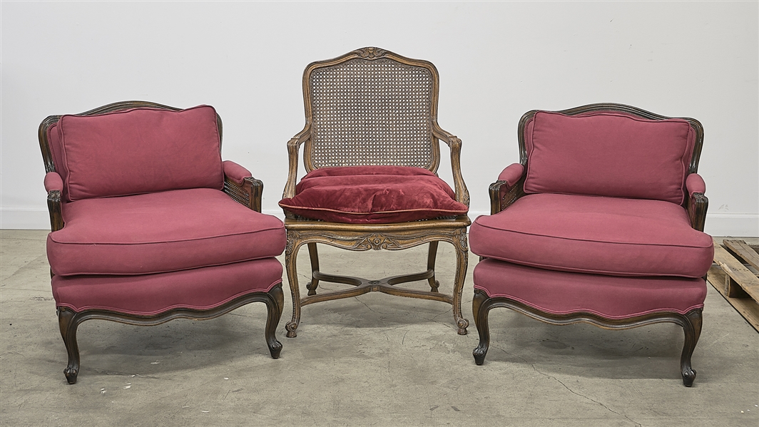 Appraisal: Two Louis XV-style bergeres and a cane-backed fauteuil H back