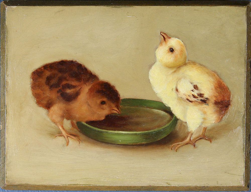 Appraisal: American School Painting of Young Chicks Feeding American School Painting