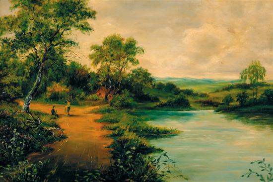 Appraisal: J Steventon British late th century PATH ALONG RIVERBANK oil