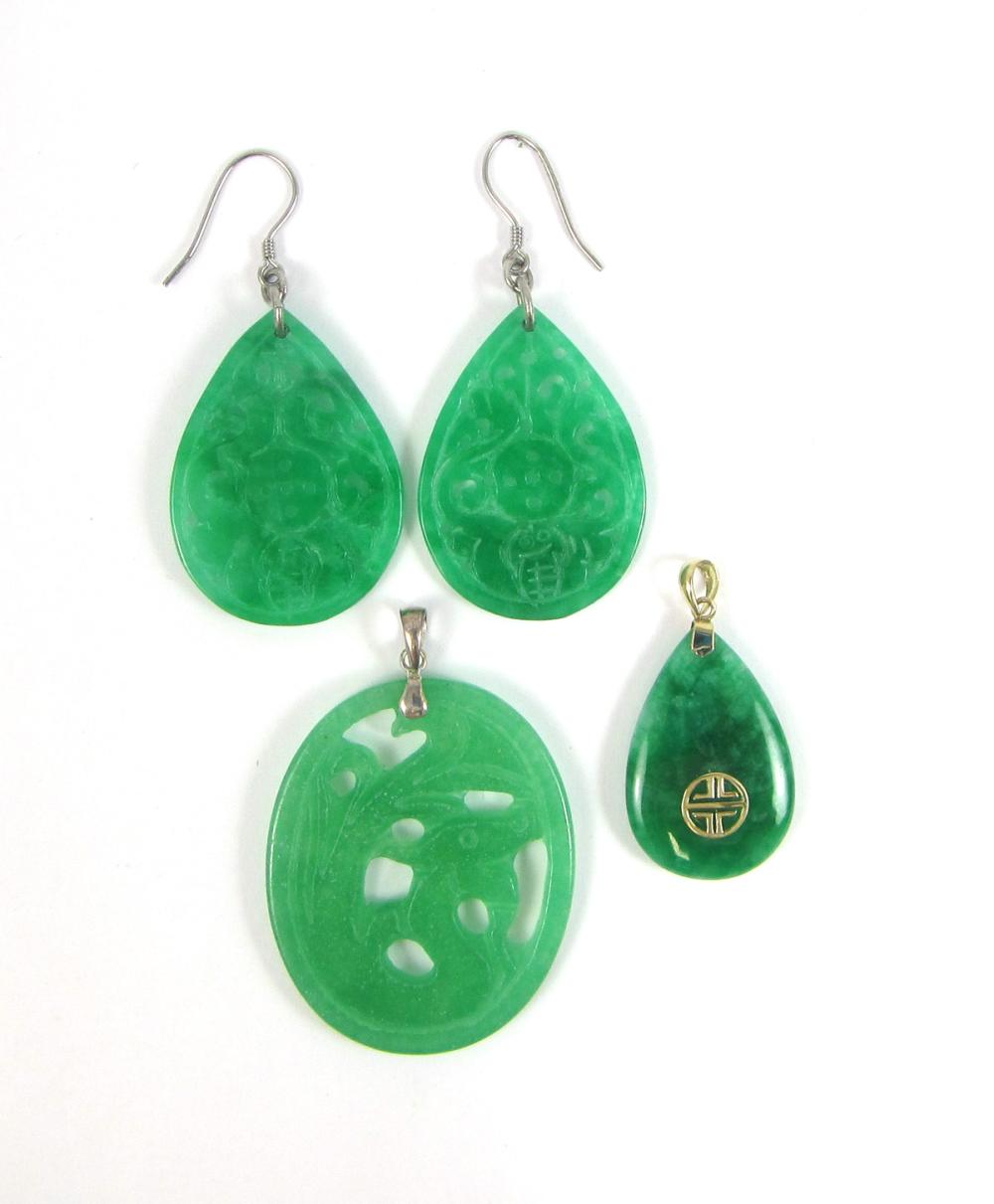 Appraisal: THREE ARTICLES OF GREEN JADE JEWELRY including a pear shaped