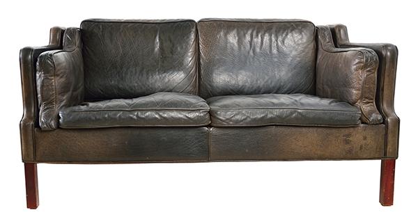 Appraisal: DANISH LEATHER TWO SEATER SOFA c s black buffalo leather