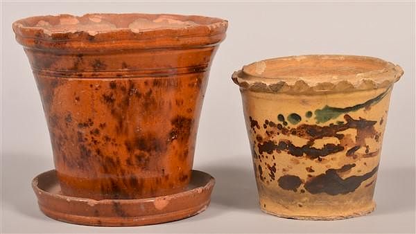 Appraisal: PA th Century Glazed Redware Flower Pots Two Pennsylvania th