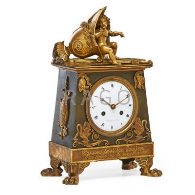 Appraisal: FRENCH BRONZE MANTEL CLOCK Porcelain dial time and strike movement