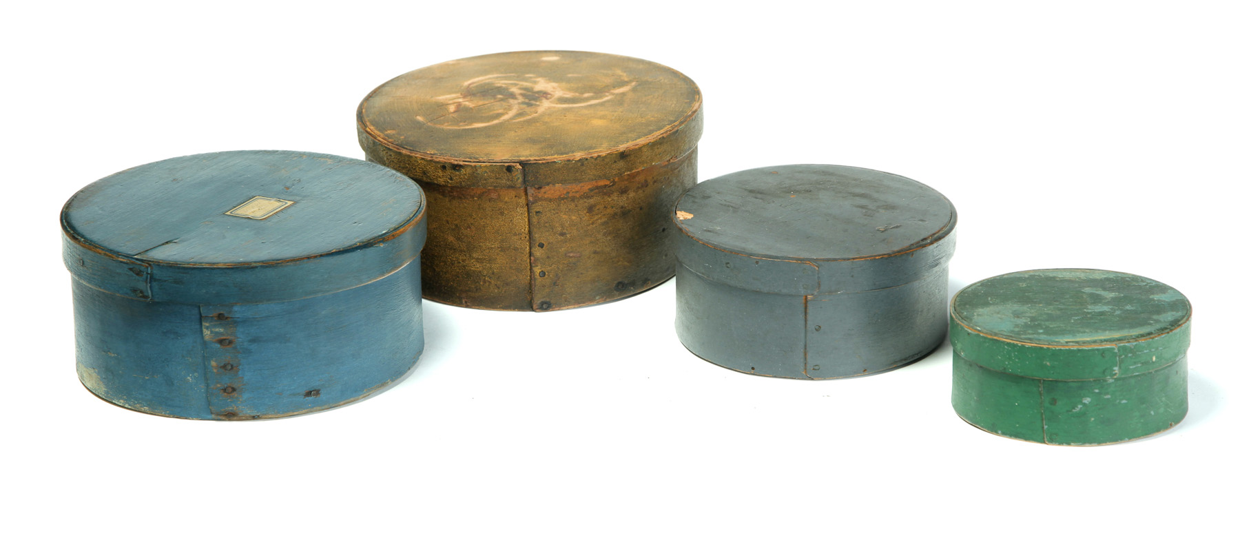 Appraisal: FOUR AMERICAN PANTRY BOXES Second half- th century Round bentwood