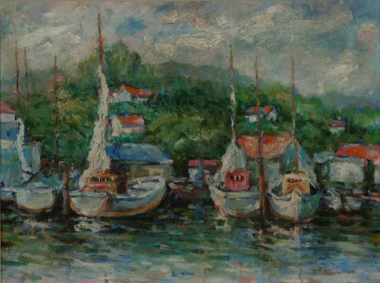 Appraisal: Century Harbor Scene with Boats and Cottages Signed Pollinarus l