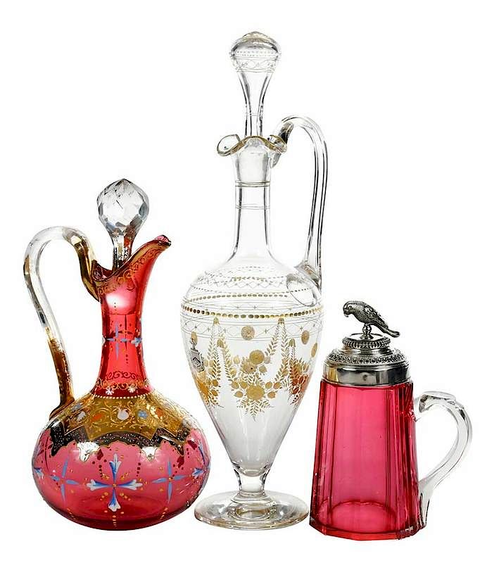 Appraisal: Three Decorated Glass Table Items handled ewer with stopper cut