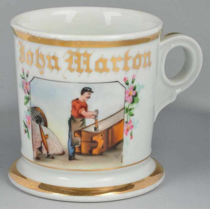 Appraisal: Cement Finisher Shaving Mug Description Gilt name John Marton Shows