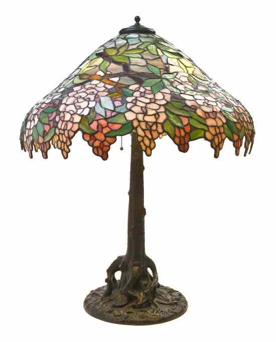 Appraisal: An American Leaded Glass and Bronze Desk Lamp Unique Art