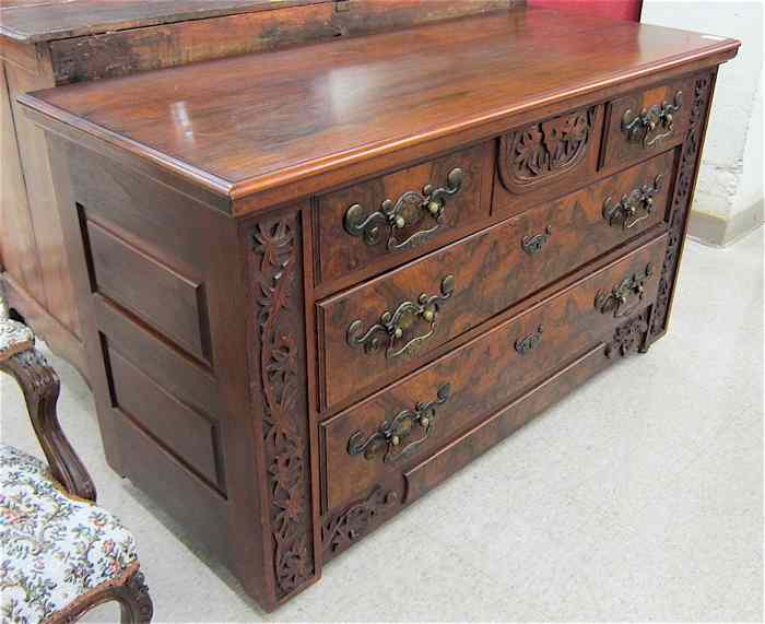 Appraisal: VICTORIAN CARVED BURL WALNUT DRESSER American c having three small