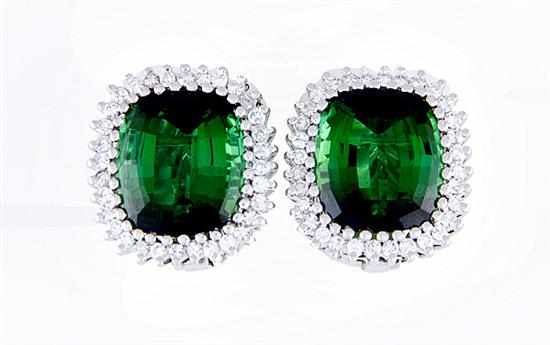 Appraisal: Tourmaline and gold earrings cushion-shape green tourmalines ctw surrounded by