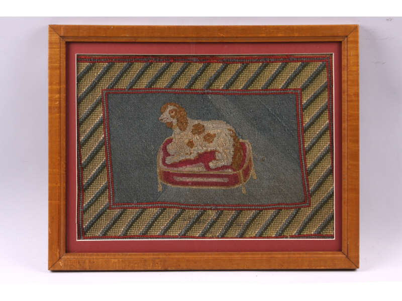 Appraisal: Pictorial Needlework With Dog th c wool on loose linen