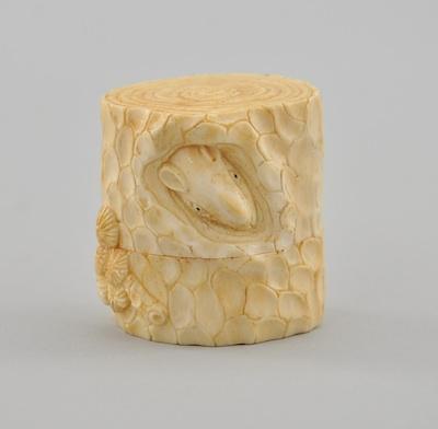 Appraisal: Tree Stump Carved Box Ivory Netsuke with Miniature Ivory Grouping