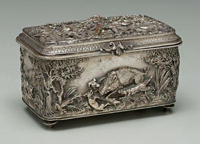 Appraisal: Silver plated box rectangular tapering feet top with high relief