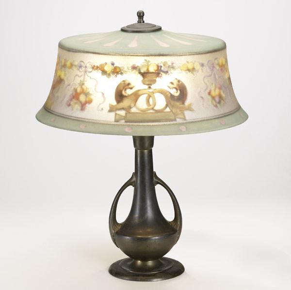 Appraisal: PAIRPOINTTable lamp reverse-painted with trophies cartouches and fruit on urn